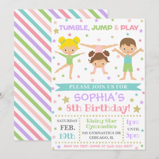 Gymnastiekuitnodiging | Gymnastiek Birthday Invite Kaart (Voorkant / Achterkant)