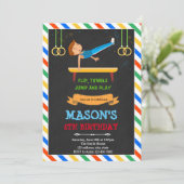 Gymnastische jongen verjaardagsfeestje uitnodiging (Staand voorkant)