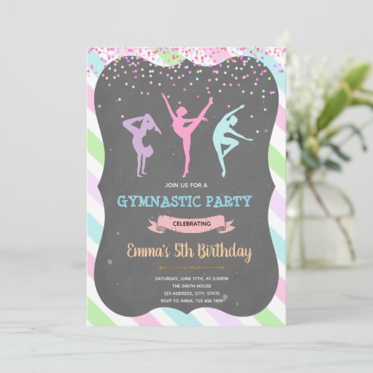 Gymnastische meisje verjaardagsfeestje uitnodiging (Staand voorkant)