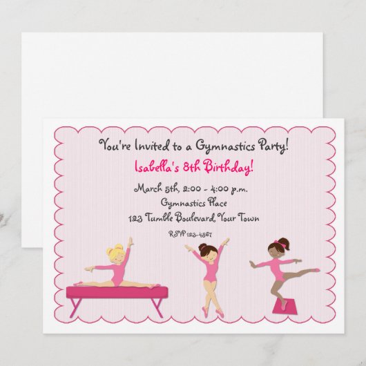 Gymnastische Partij, Tumbling, Roze Uitnodiging (Voorkant / Achterkant)