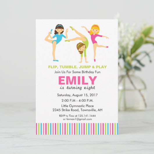 Gymnastische uitnodiging van de Birthday Party (Staand voorkant)