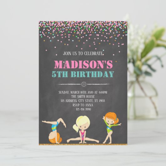 Gymnastische verjaardagsuitnodiging kaart (Staand voorkant)