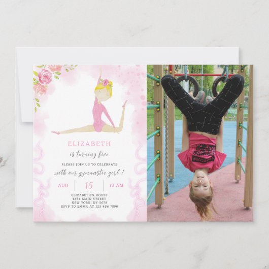 Gymnastische verjaardagsuitnodiging met foto kaart (Voorkant)