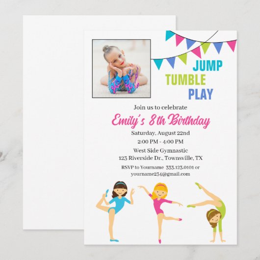 Gymnastische verjaardagsuitnodiging voor meisjes kaart (Voorkant / Achterkant)