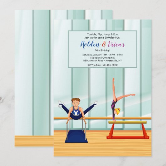 Gymnasts Birthday Party Invitations Kaart (Voorkant / Achterkant)