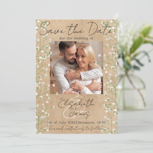 Gypsophila Aquarel Bloem Rustieke & Boho Bruiloft Save The Date (Staand voorkant)