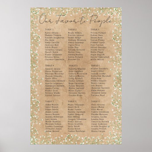 Gypsophila Floral Rustic Wedding Seating Chart Poster (Voorkant)