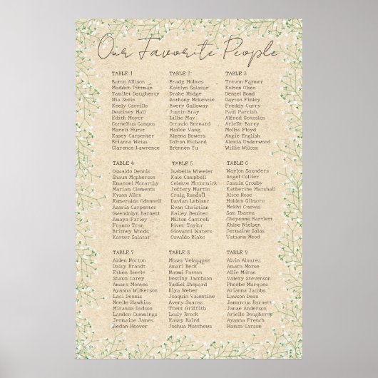 Gypsophila Floral Rustic Wedding Seating Chart Poster (Voorkant)
