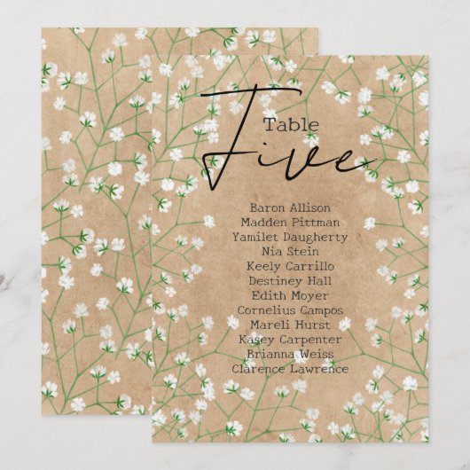Gypsophila Wedding Table Number Zittingsschaal 5 Kaart (Voorkant / Achterkant)