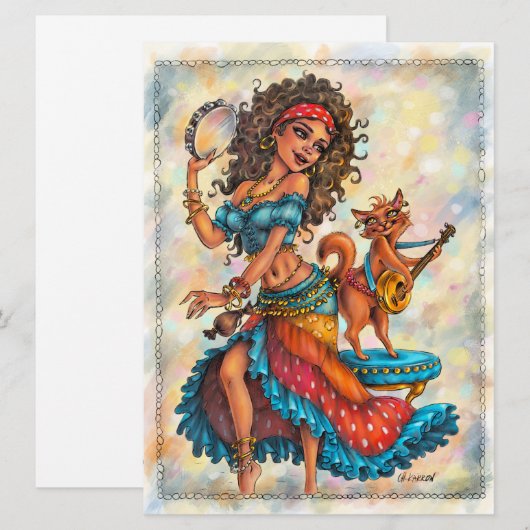 Gypsy Girls Bohemian Cat Street Dancer Art Kaart (Voorkant / Achterkant)