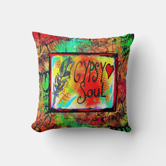 Gypsy Pillow met Feather en Heart Mam Gift Kussen (Voorkant)