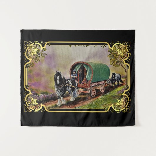 Gypsy Vanner Horse Irish Caravan Wagon Tapestry Wandkleed (Voorkant (horizontaal))