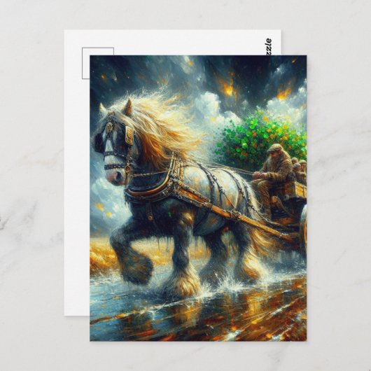 Gypsy Vanner trekken Shamrocks en mensen Cartload Briefkaart (Voorkant / Achterkant)