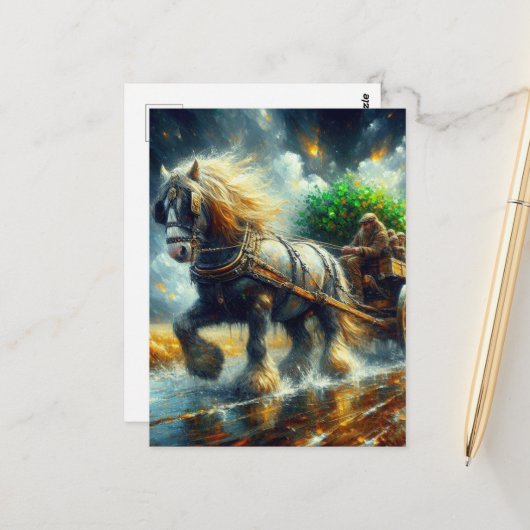 Gypsy Vanner trekken Shamrocks en mensen Cartload Briefkaart (Voorkant / Achterkant in situ)