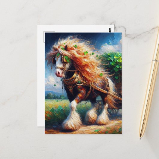 Gypsy Vanner trekt een kartonnen lading Shamrocks Briefkaart (Voorkant / Achterkant in situ)