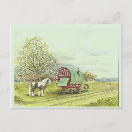 Gypsy wagon en paardenlente briefkaart (Voorkant)