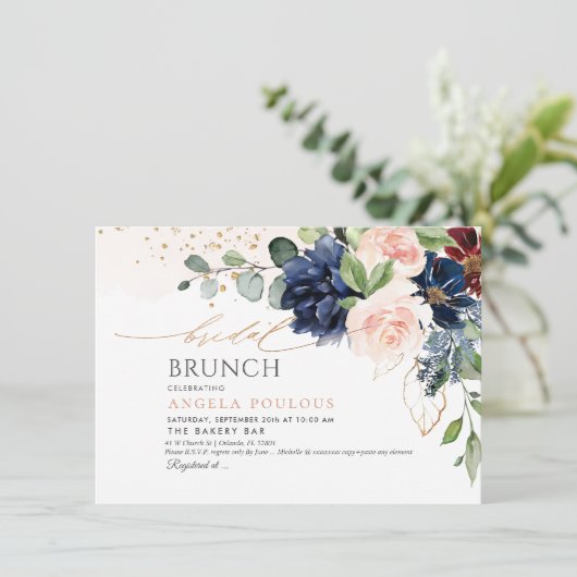 H2 Bloemen Blush Navy Burgundy Bridal Brunch Kaart (Staand voorkant)