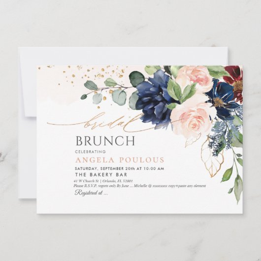 H2 Bloemen Blush Navy Burgundy Bridal Brunch Kaart (Voorkant)