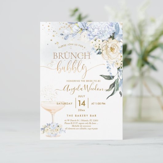H2 Bloemen Ice Blue Hyde Cream Rozen Bridal Brunch Kaart (Staand voorkant)
