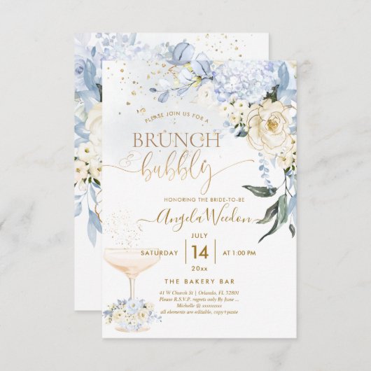 H2 Bloemen Ice Blue Hyde Cream Rozen Bridal Brunch Kaart (Voorkant / Achterkant)
