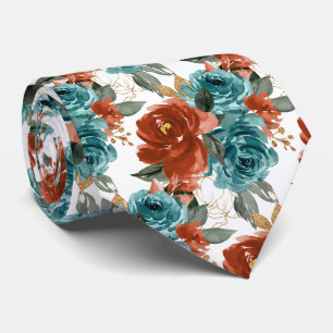 H2 Bloemen Teal Groen Roest Oranje Rozen Stropdas