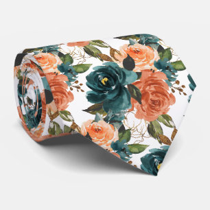 H2 Bloemen Teal n Roest Oranje Rozen   Stropdas