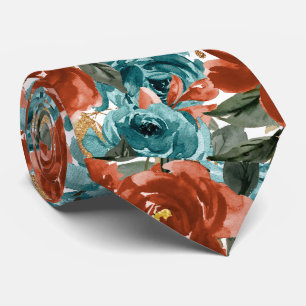 H2 Bloemen Turquoise Groen Roest Oranje Rozen Stropdas