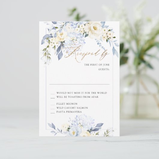 H2 Blue Hydrangea Cream Rozen RSVP-kaarten Kaart (Staand voorkant)