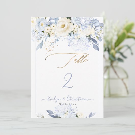 H2 Blue Hydrangea Cream Rozen Tafelnr. Kaart (Staand voorkant)