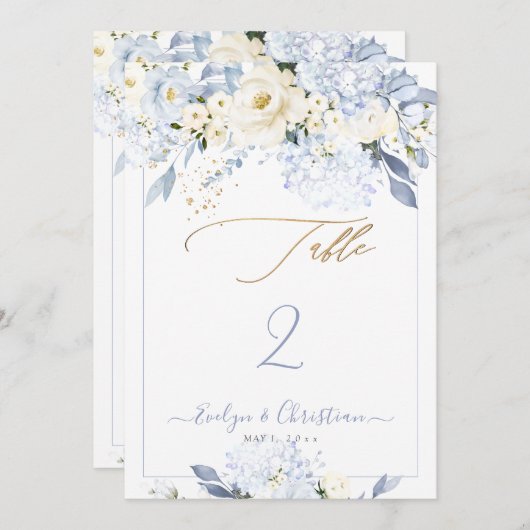 H2 Blue Hydrangea Cream Rozen Tafelnr. Kaart (Voorkant / Achterkant)