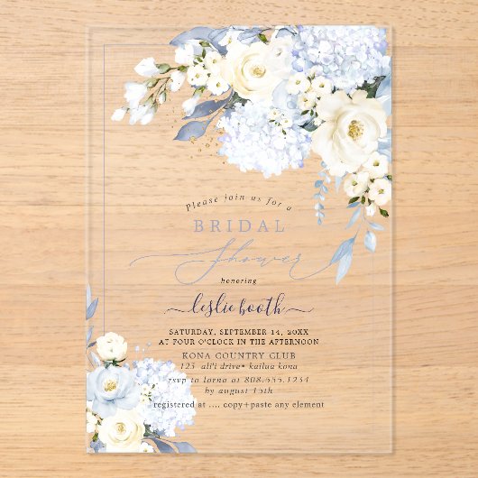 H2 Blue Hydrangea Cream Rozen Vrijgezellenfeest Acryl Uitnodigingen (Voorkant)