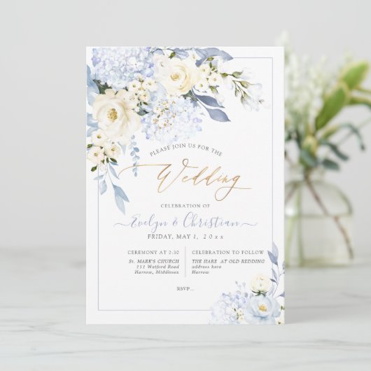 H2 Blue Hydrangea Cream Rozen Weddenschap Kaart (Staand voorkant)