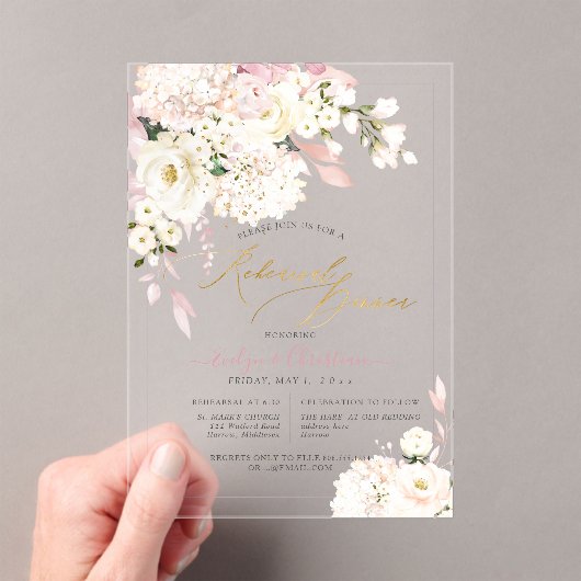 H2 Blush Hydrangea Crème Rozen Oefendiner Acryl Uitnodigingen (Insitu (Draagbaar))