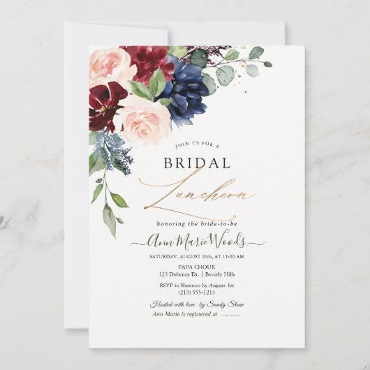 H2 Blush Navy Burgundy Flowers Bridal Lunch Kaart (Voorkant)