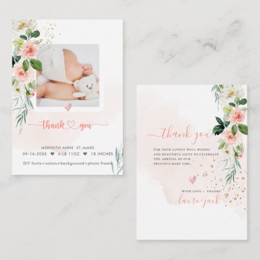 H2 Blush Rozen Geboorte Aankondiging Douche Dank u (Voorkant / Achterkant)