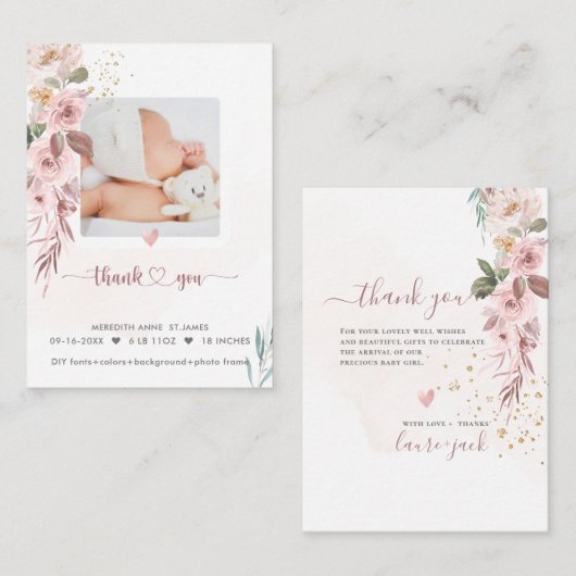 H2 Dusty Roos Geboorte Aankondiging Douche Dank u (Voorkant / Achterkant)