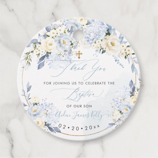 H2 Hydrangeas Blauwe Rozen Doop Dank u Bedankjes Labels (Voorkant)