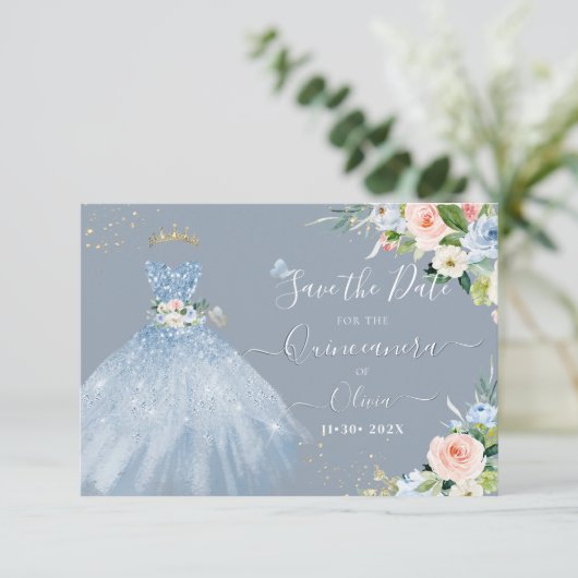 H2 Roze Blauw Sparkling Quinceanera Jurk Opslaan D Kaart (Staand voorkant)