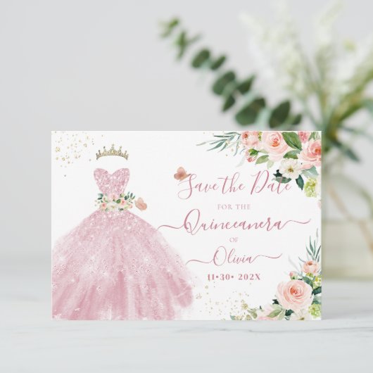H2 Roze Sparkling Quinceanera Jurk Opslagdatum Kaart (Staand voorkant)