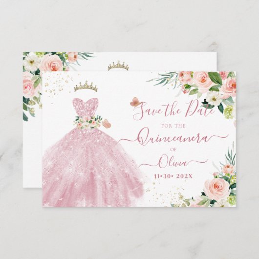 H2 Roze Sparkling Quinceanera Jurk Opslagdatum Kaart (Voorkant / Achterkant)