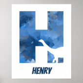 "H" Dinosaur Waterverf Blue Child Name Poster (Voorkant)
