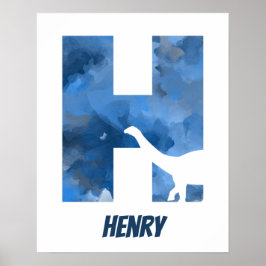 "H" Dinosaur Waterverf Blue Child Name Poster
