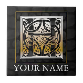 H "Jouw naam" Celtic Black Stone Monogram Tegel Tegeltje