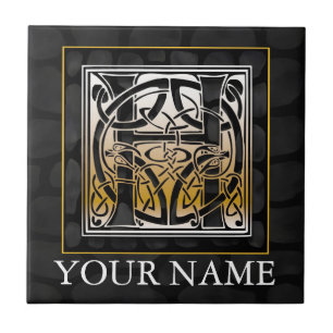 H "Jouw naam" Celtic Black Stone Monogram Tegel Tegeltje