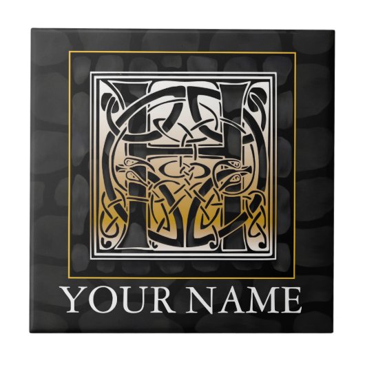H "Jouw naam" Celtic Black Stone Monogram Tegel Tegeltje (Voorkant)