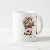 H Letter Gold Monogram | Roze magenta Floral Grote Koffiekop (Voorkant rechts)