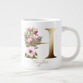 H Letter Gold Monogram | Roze magenta Floral Grote Koffiekop (Rechts)
