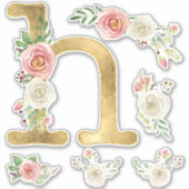 H Letter Goud Blush Roos Bloemen Foliage Waterverf Sticker (Voorkant)