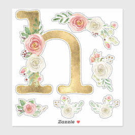 H Letter Goud Blush Roos Bloemen Foliage Waterverf Sticker