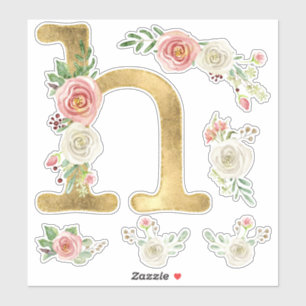 H Letter Goud Blush Roos Bloemen Foliage Waterverf Sticker